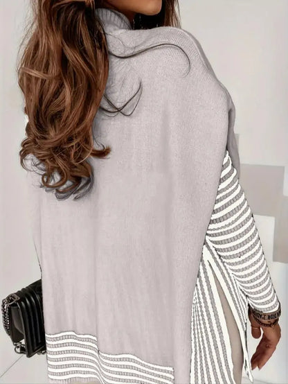 Striped Patchwork Print Batwing Sleeve Split Hem Sweater