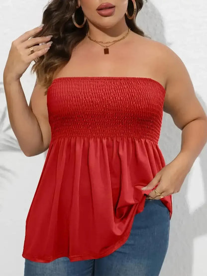 Plus Size Solid Ruffle Hem Shirred Tube Top