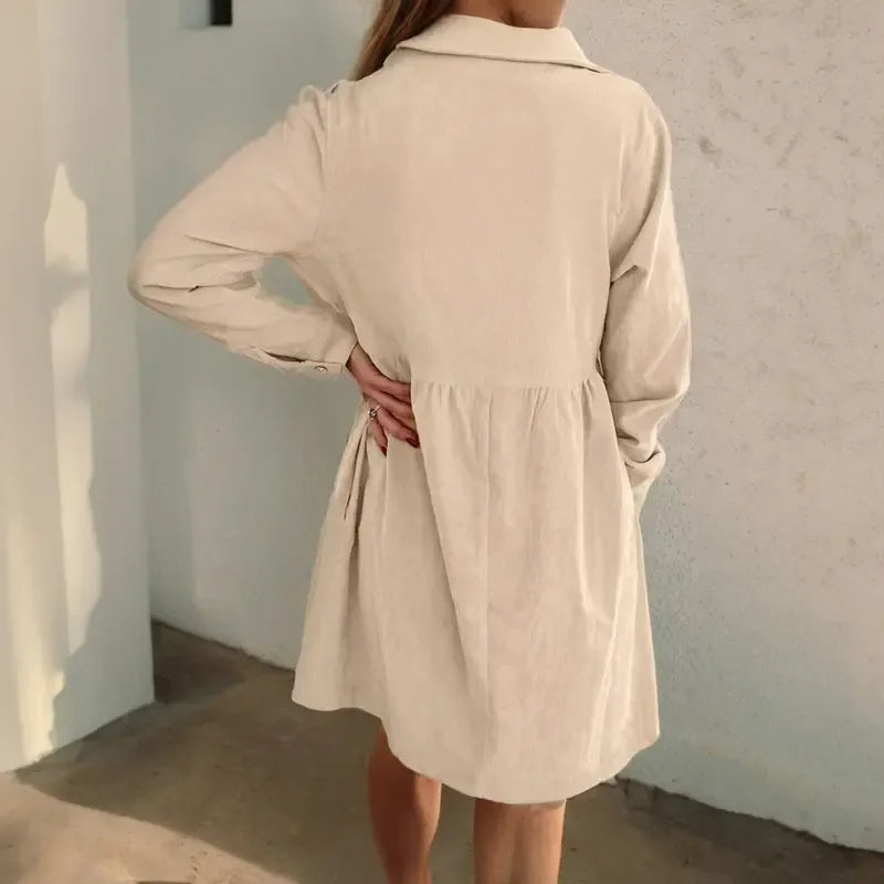 Women's Corduroy Half Button Collared Mini Dress with Pocket