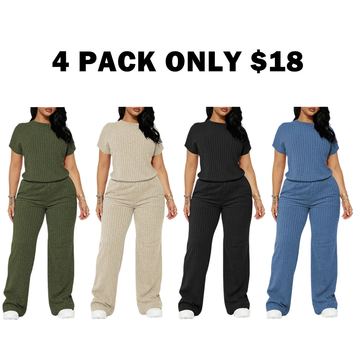 Women's Solid Shortsleeve Crewneck Ribbed Top & Wide Leg Pants