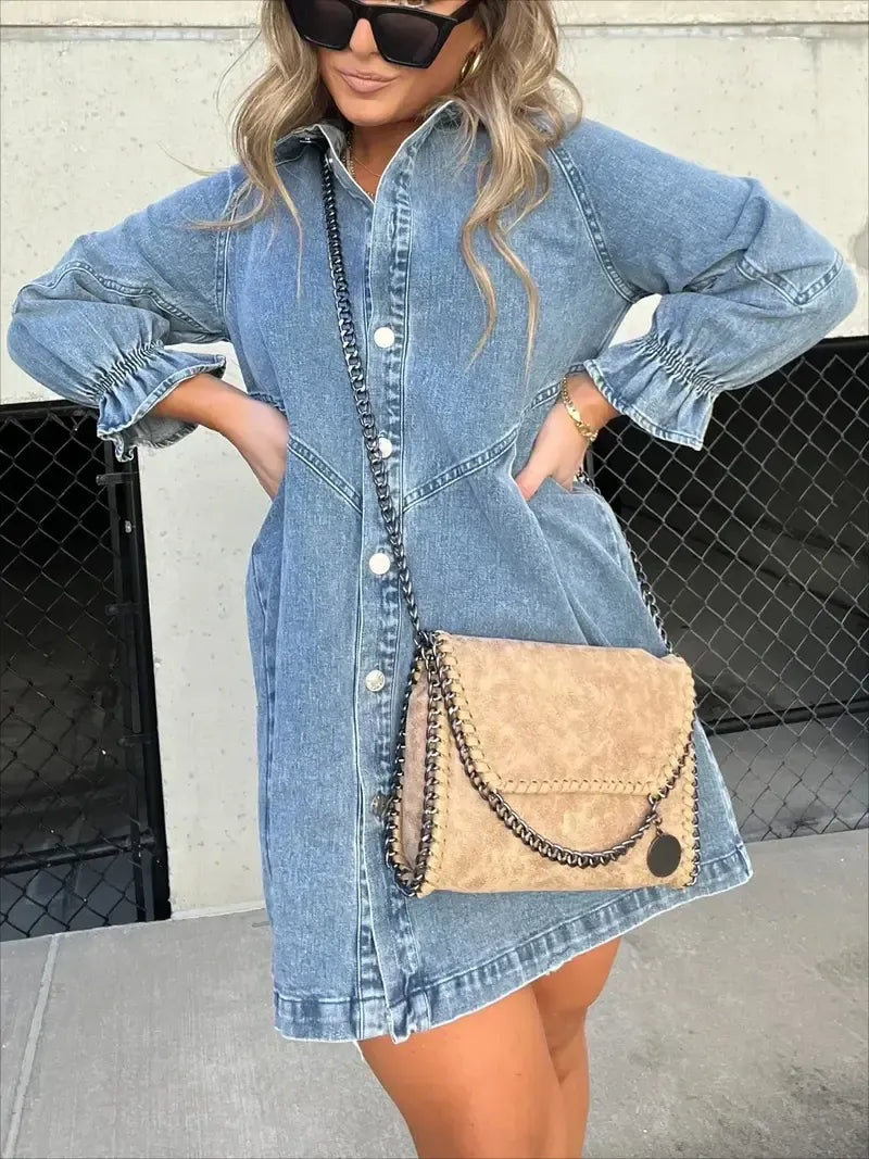 Washed Denim Puff Sleeve Mini Dress