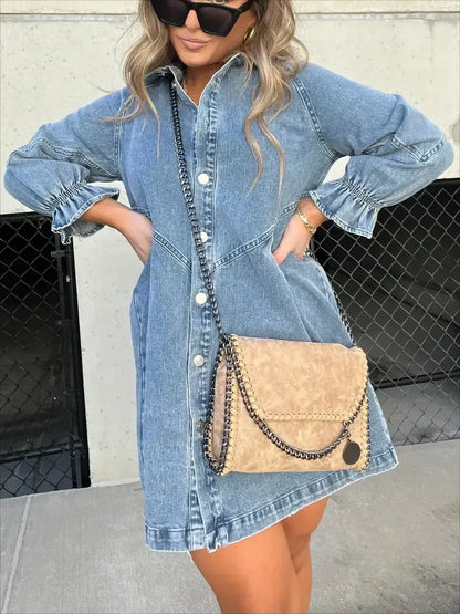 Washed Denim Puff Sleeve Mini Dress