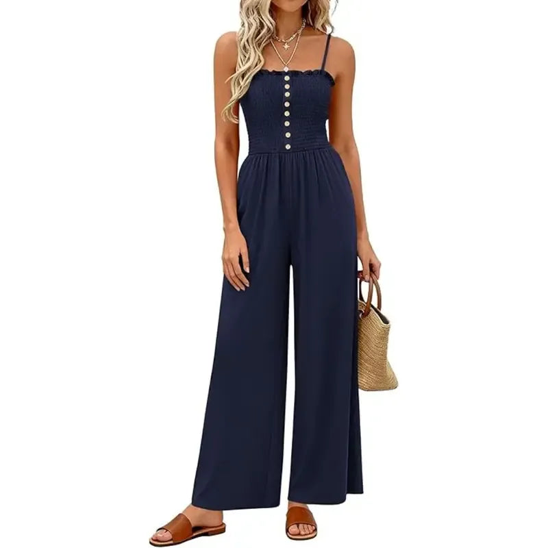 Jumpsuits for Women Summer Sleeveless Smocked Button Wide Leg Rompers