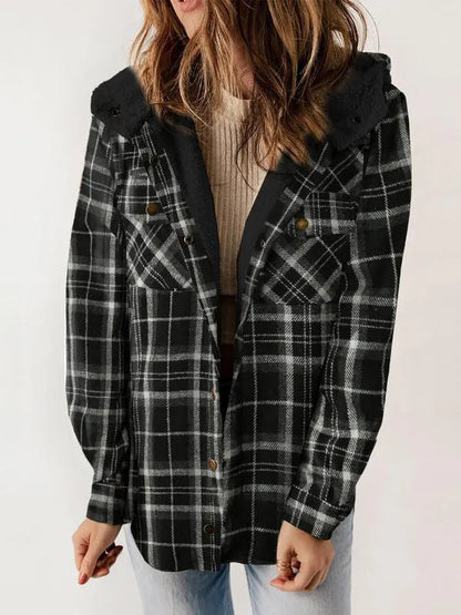 Women's Plaid / Houndstooth Print Button Front Hooded Coat