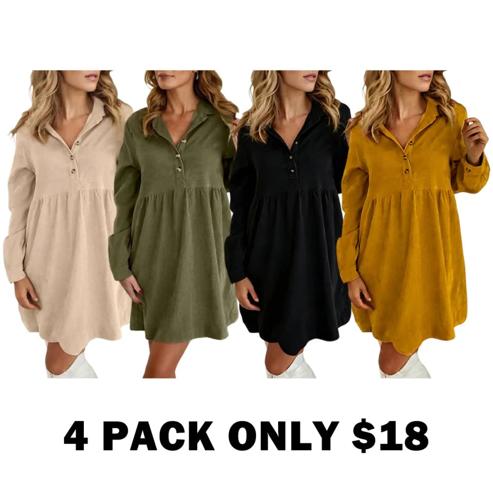 Women's Corduroy Half Button Collared Mini Dress with Pocket