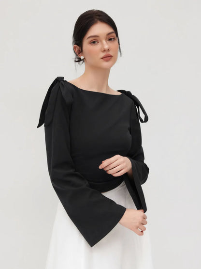 Boat Neck Gingham Bowknot Ruched Long Sleeve Top