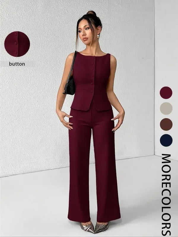Women's Solid Button Front Tank Top & Wide Leg Pants Set