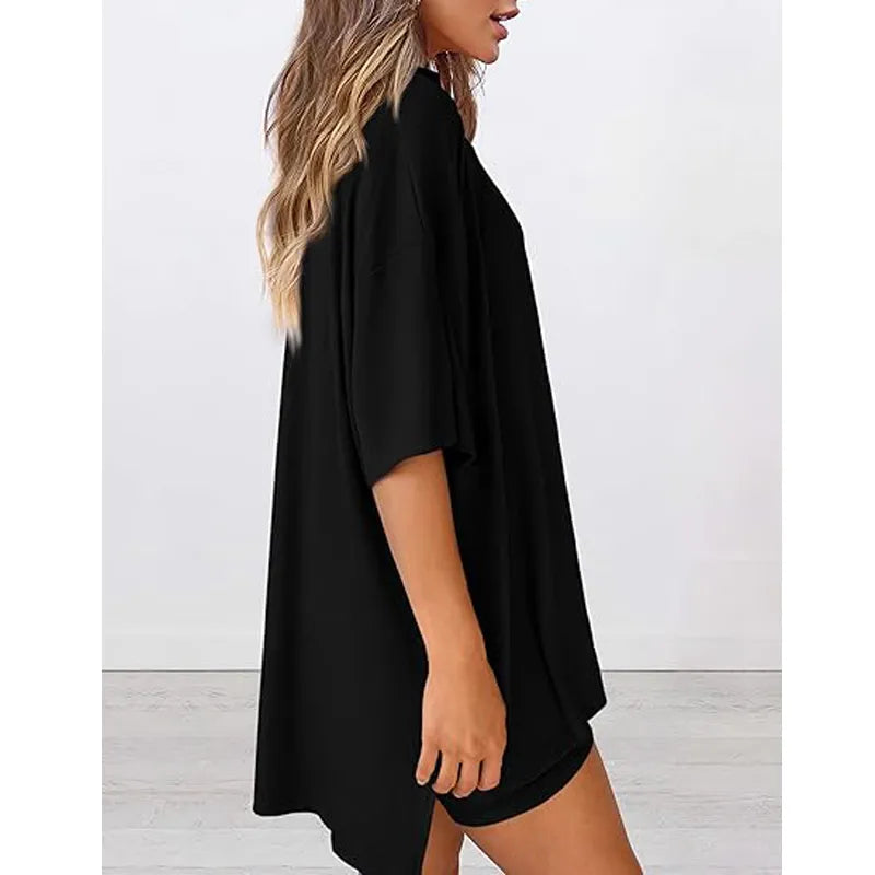 Women's two-piece set: slit-hem shirt paired with shorts
