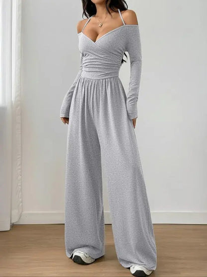 Women's Solid Color Off-Shoulder Ruched Wide Leg Casual Jumpsuit