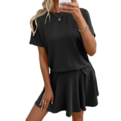 Women's 2 Piece Sets Ribbed Knit Short Sleeve Tops & Lined Pleated Mini Skirt Lounge Sets