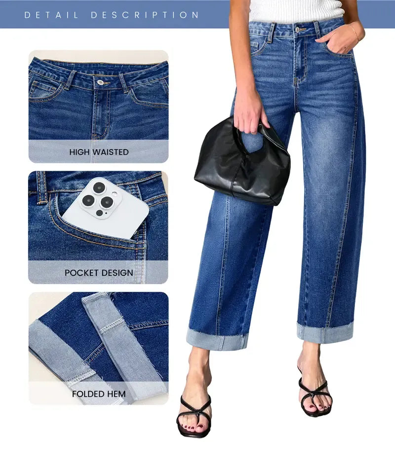 Women's High Waisted Wide Leg Cropped Denim Jeans