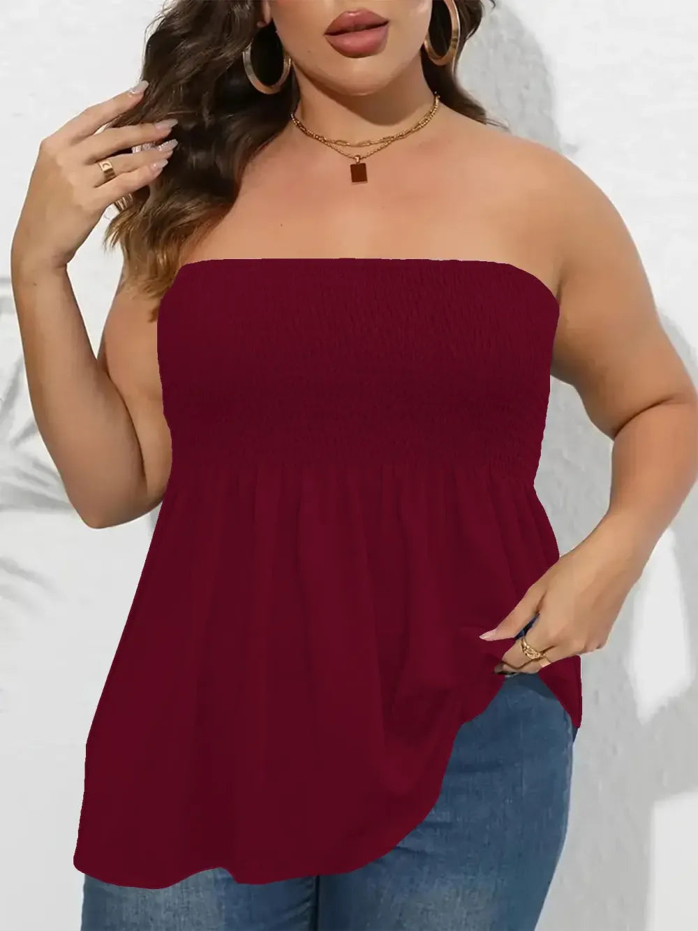 Plus Size Solid Ruffle Hem Shirred Tube Top