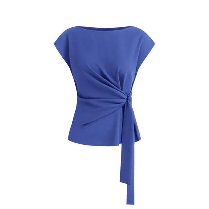 Womens Tops  Cap Sleeve Crew Neck Tie Waist Blouses