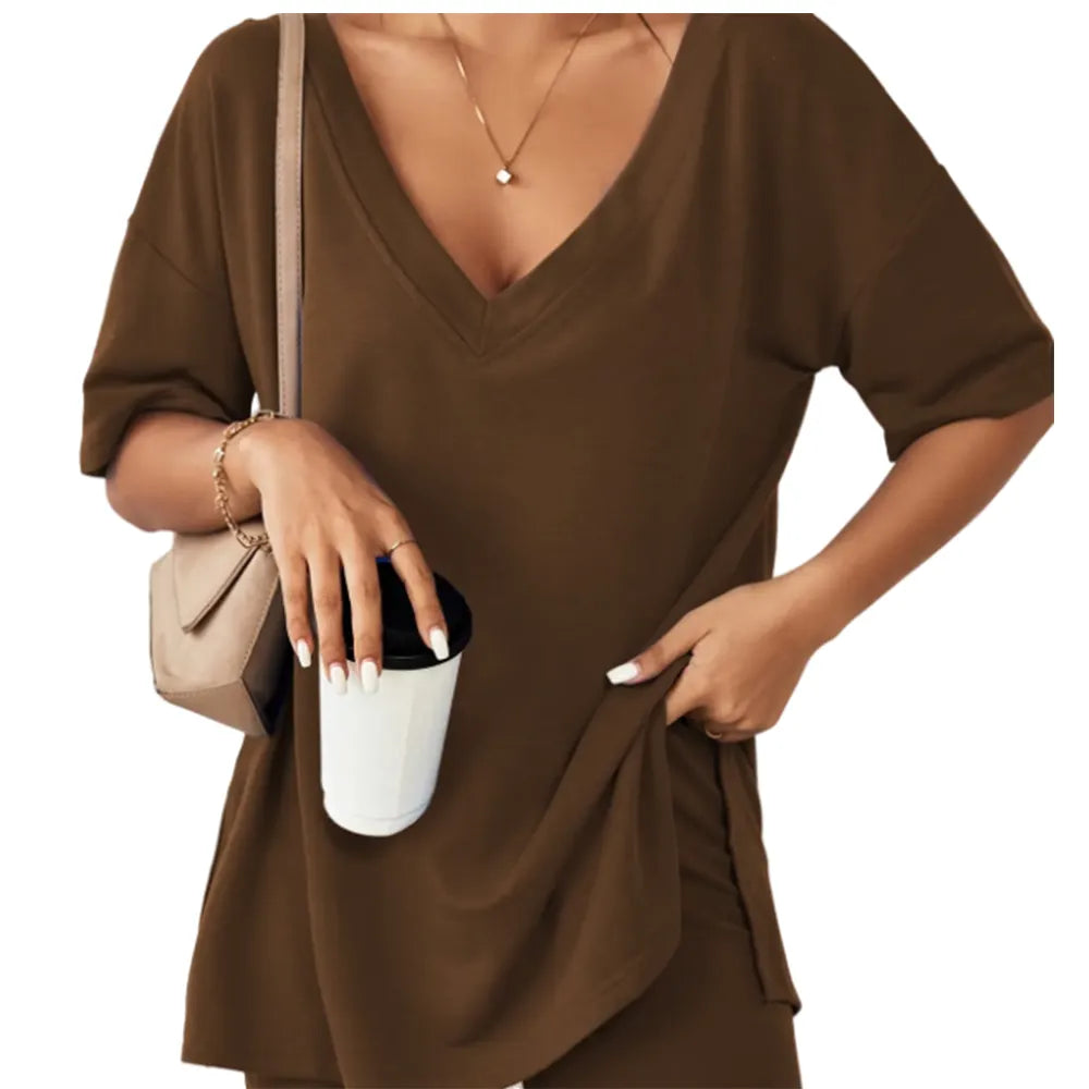 Women's Two-Piece Pajama Set Casual Oversized V Neck Split Hem