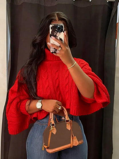 Women's Textured Split Sleeve Turtle Neck Cropped Sweater