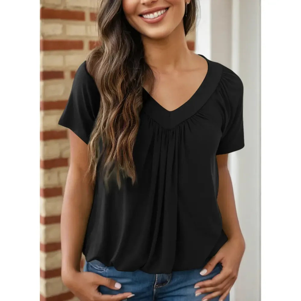 Women's Loose V-Neck Tee – Soft, Shirred Summer Top