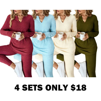 2pcs/Set Women's Plush Rib-Knit Leggings Suit