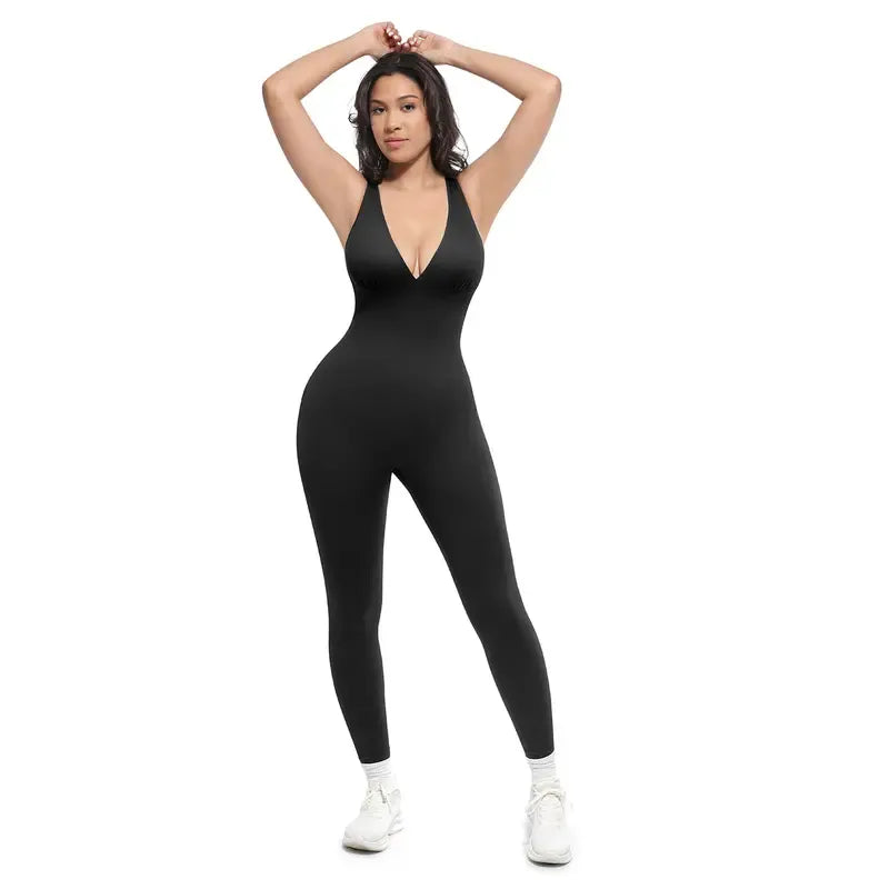 Deep V High-Waisted Tummy Control Jumpsuit