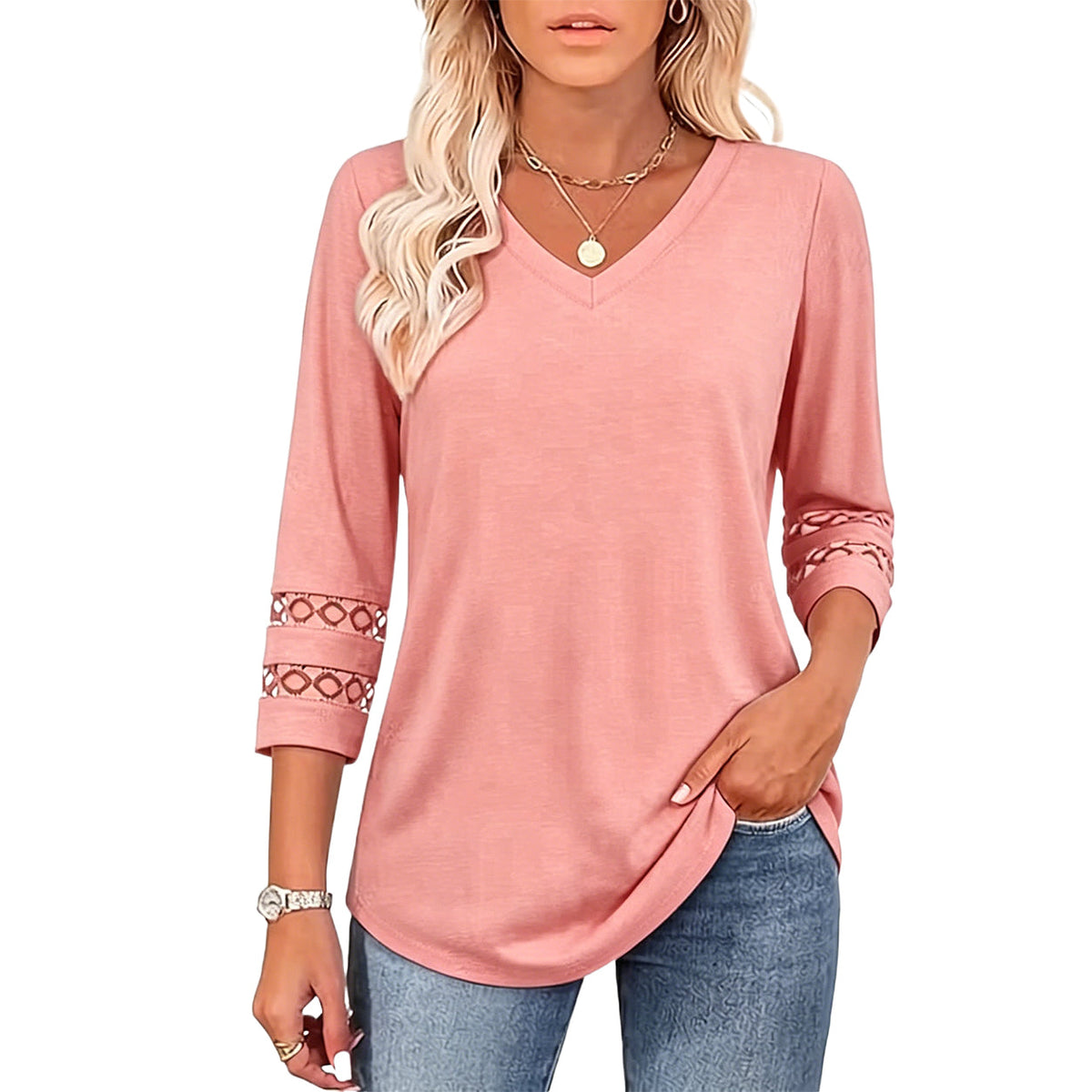 Summer Sale👗Womens 3/4 Length Sleeve Tops Trendy V Neck T Shirts