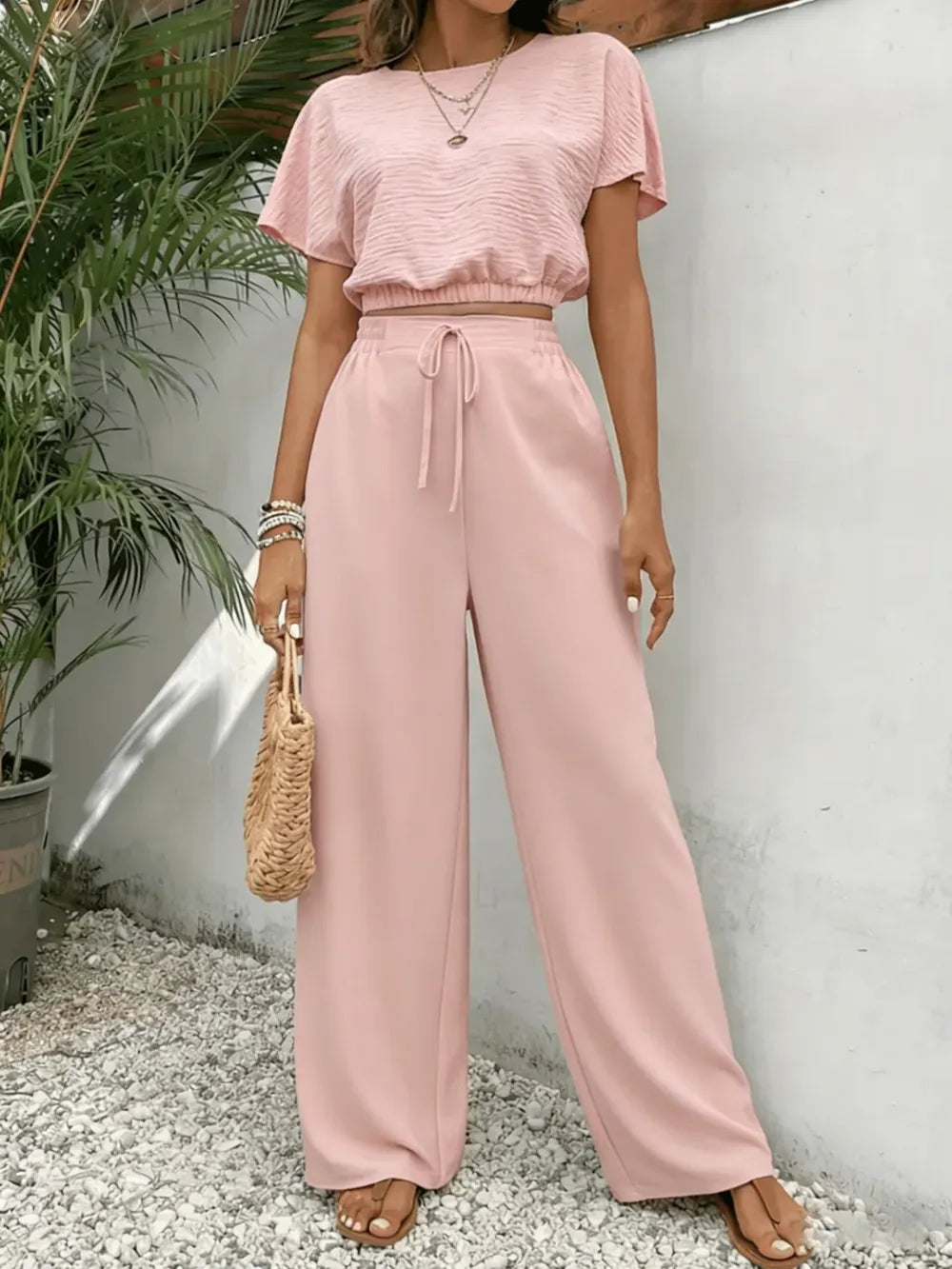 Women's Solid Color Fitted Top & Wide Leg Pants Two-piece Set
