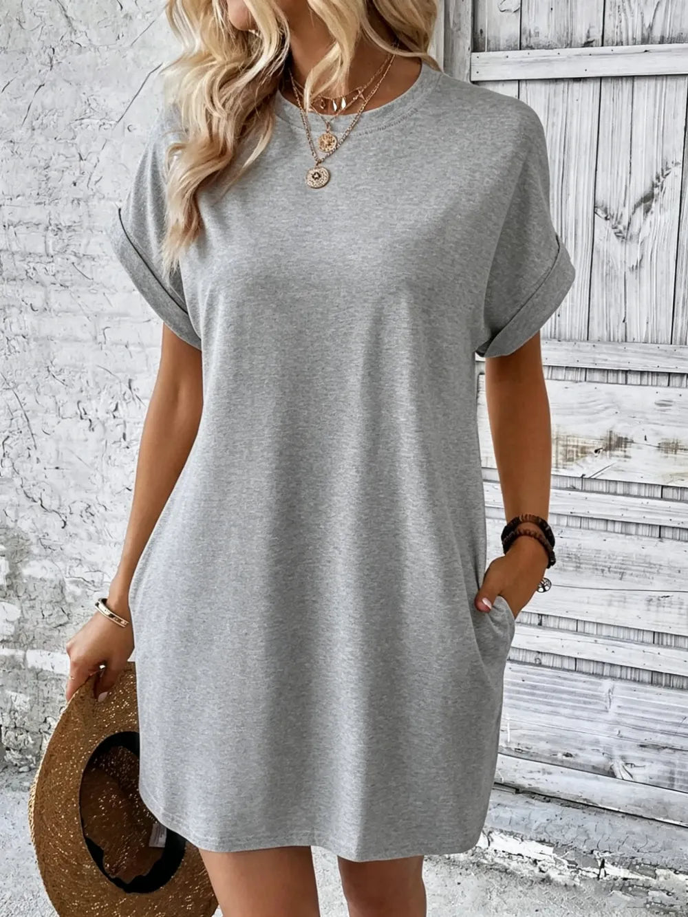 Women's Plain Pocket Batwing Sleeve Tee Dress