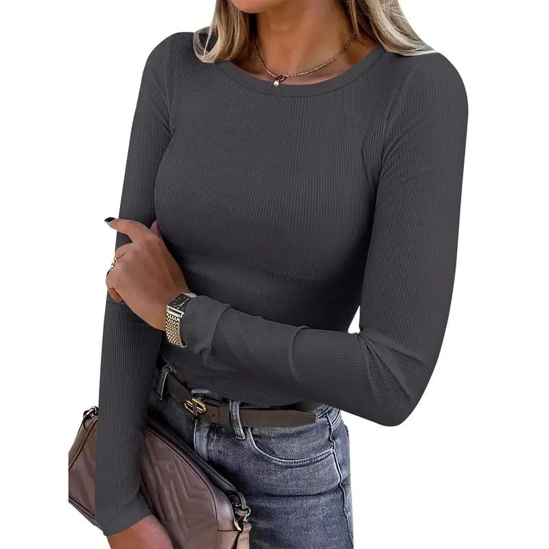 Women Long Sleeve Crewneck Rib Knit Slim Fit Shirts