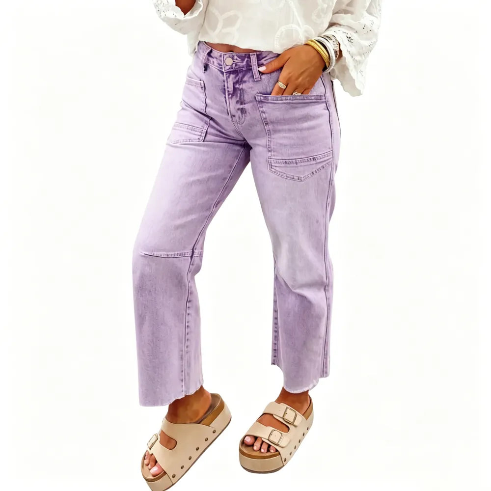 Women's Frayed Cropped Straight Jeans with Pockets