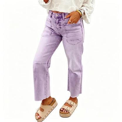 Women's Frayed Cropped Straight Jeans with Pockets