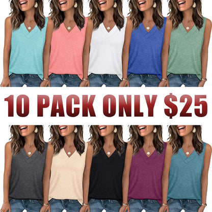 Women's Summer V-Neck Tank Top – Loose Fit, Sleeveless, Basic Tee