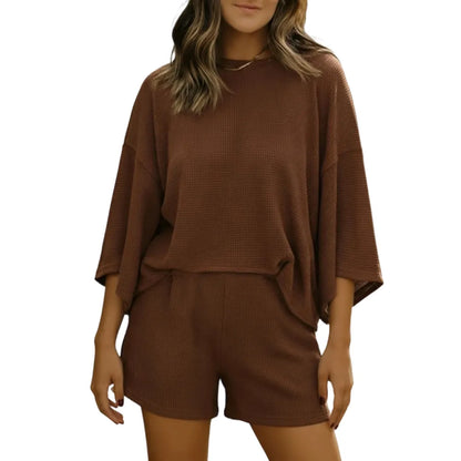 Womens Short Sets 2 Piece Sleeve Tops and Elastic Waist Shorts