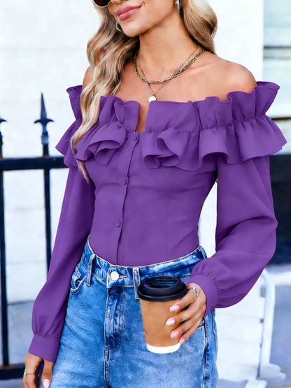 Women's Long Sleeve One Shoulder Ruffle Slim Fit Shirt Blouse