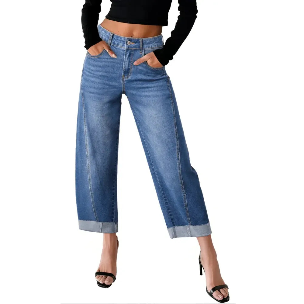 Women's High Waisted Wide Leg Cropped Denim Jeans