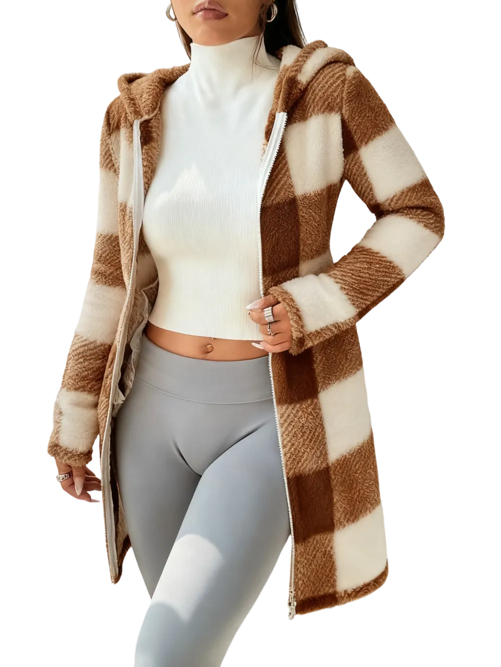 Plaid Fleece Long Sleeve Hooded Coat
