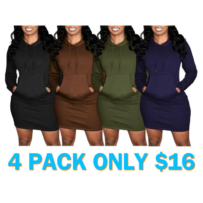 Women's Solid Drawstring Hooded Sweatshirt Dress