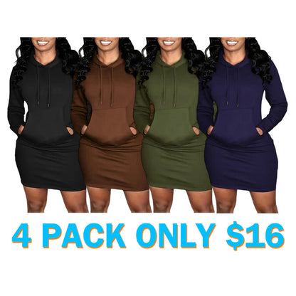 Women's Solid Drawstring Hooded Sweatshirt Dress