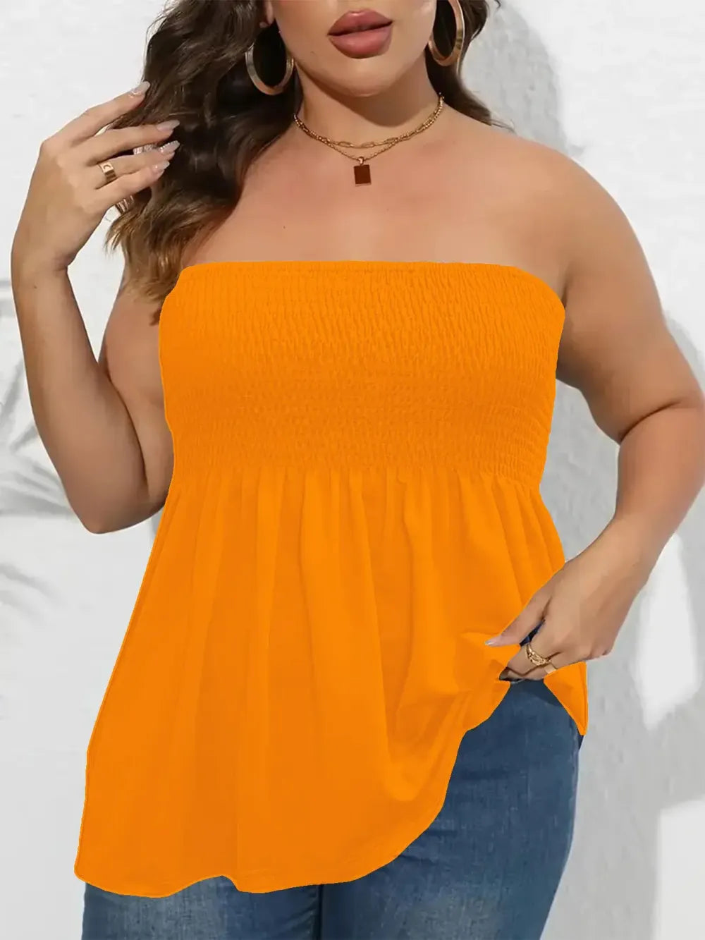 Plus Size Solid Ruffle Hem Shirred Tube Top