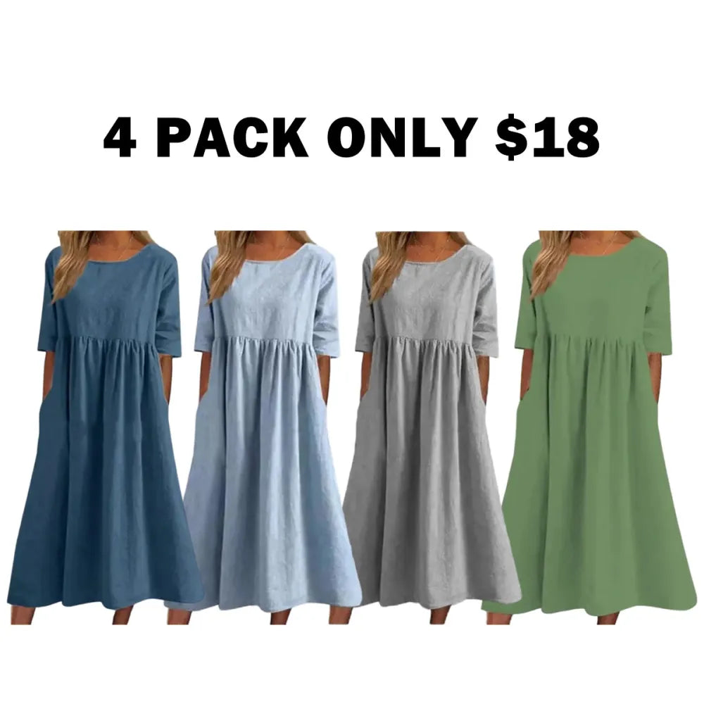 Cotton and Linen Casual Short Sleeve Pocket Dress