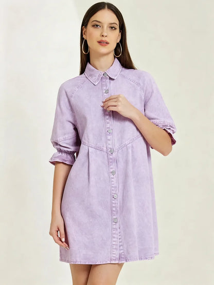 3/4 Lantern Sleeve Babydoll Mini Jean Denim Shirt Dress
