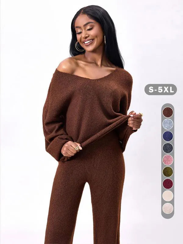 Two-piece Set Women's Solid Color Drop Shoulder Sweater & Pants