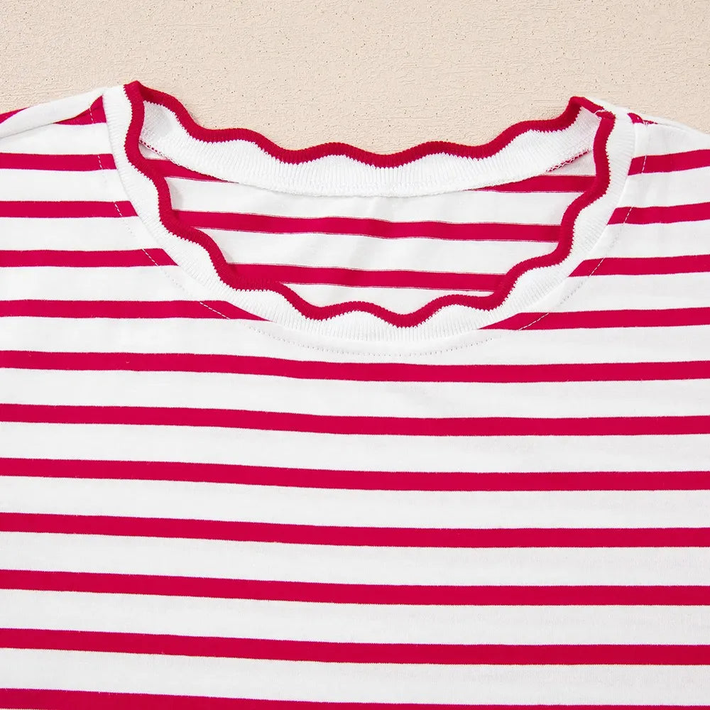 Women's Top Stripe Scalloped Trim Round Neck T Shirt
