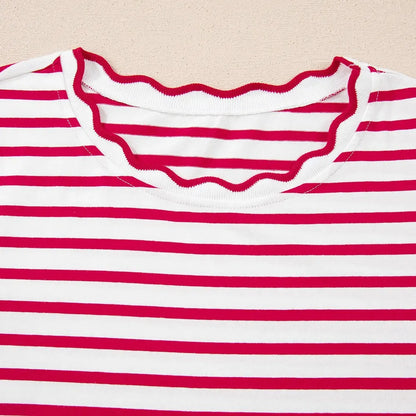 Women's Top Stripe Scalloped Trim Round Neck T Shirt