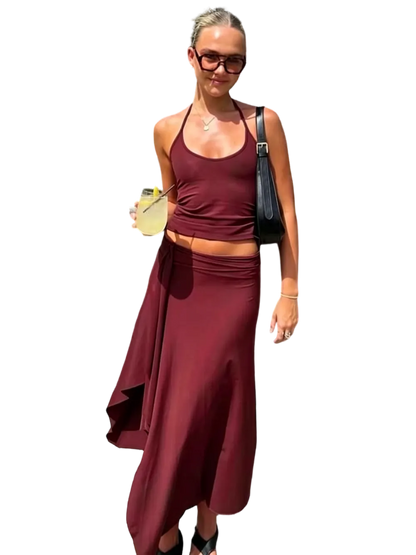 Solid-Color Sleeveless Backless Tie-Strap Camisole and Slim-Fit Side-Slit Maxi Skirt Two-Piece Set