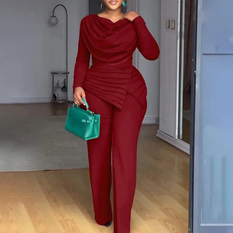 Cowl Neck Asymmetrical Patchwork Ruched Jumpsuit