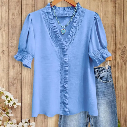 Ruffle Trim V - Neck Blouse