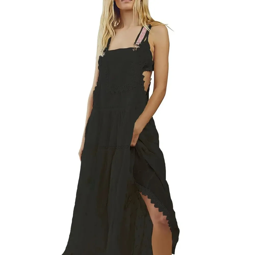 Laced Embroidered Tulle Bib Dress Casual Loose