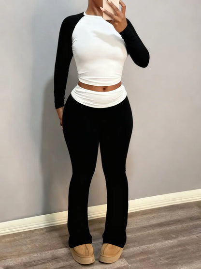 Round Neck Long Sleeve Color Block T-Shirt with Ruffled Flare Pants Set