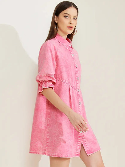 3/4 Lantern Sleeve Babydoll Mini Jean Denim Shirt Dress