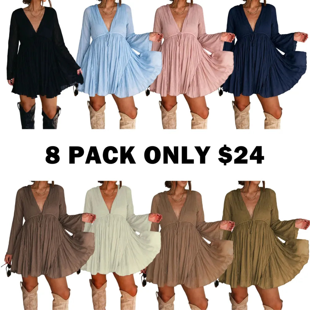 Women's V Neck Long Sleeve Dress with Pants Lining