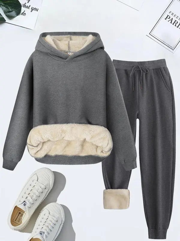 Women's Thermal Lined Solid Color Hoodie & Drawstring Waist Pants Two-piece Set