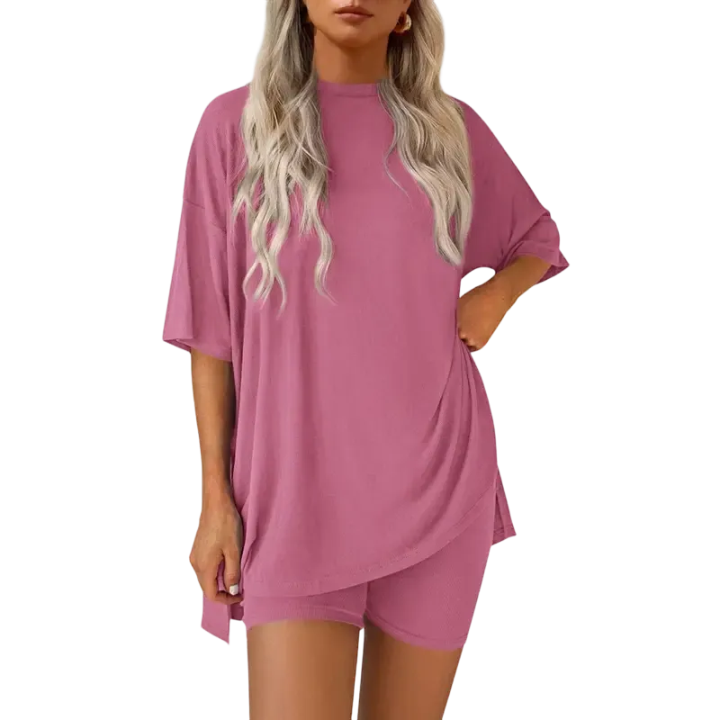 Women's two-piece set: slit-hem shirt paired with shorts